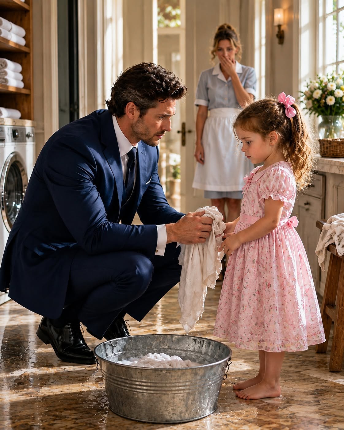 I came home early and found my housekeeper’s three-year-old daughter standing barefoot on a stool, scrubbing one of my custom-made shirts in freezing water